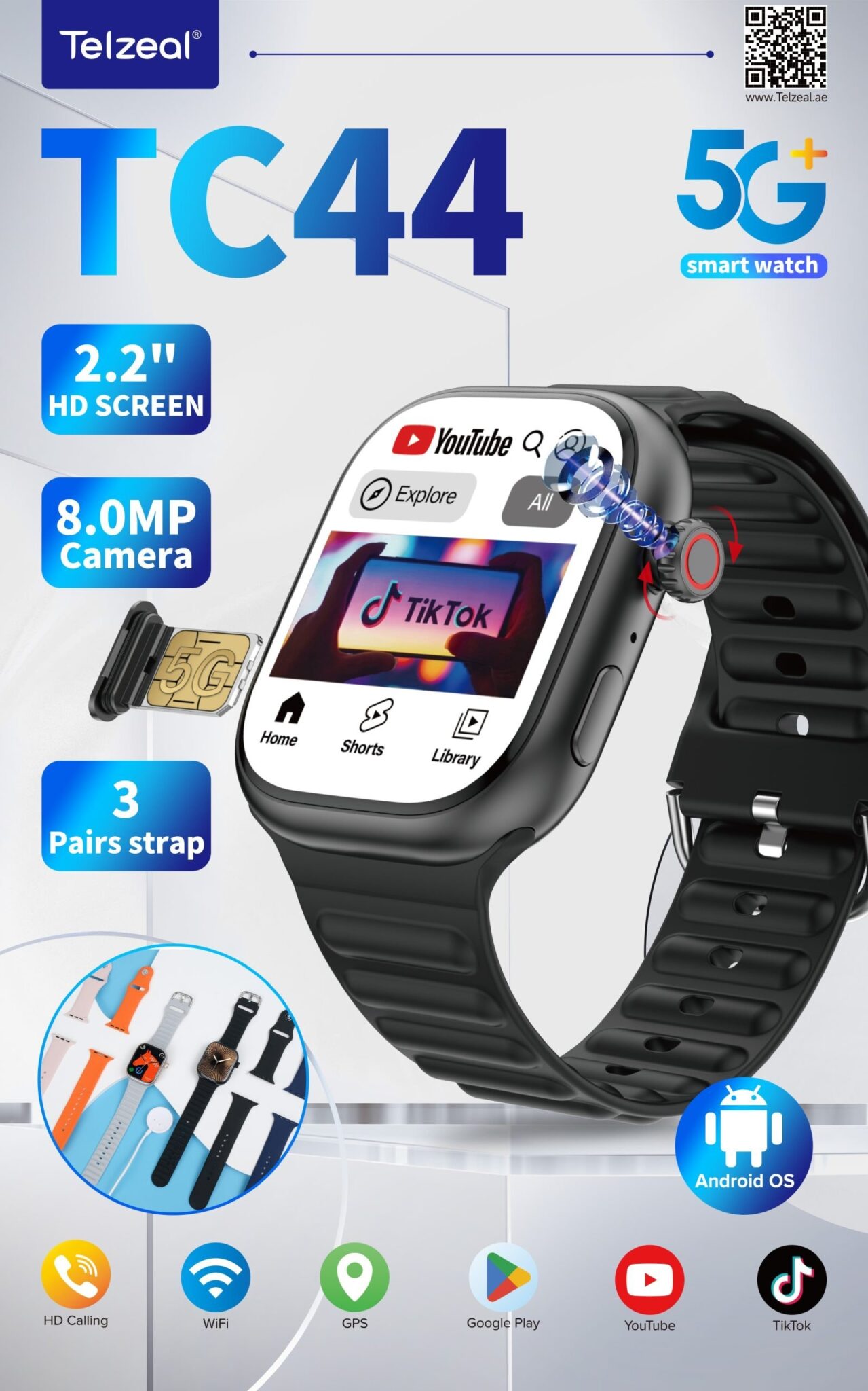 ساعت هوشمند Telzeal TC44 سیم کارت خور با حافظه ۶۴ گیگ و رم ۶ گیگابایت